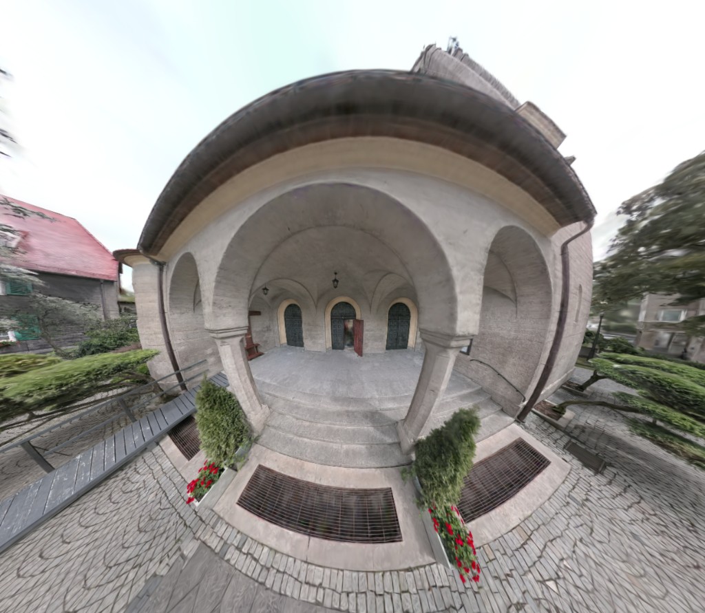 Gaussian splat scene rendered with a strong fisheye projection