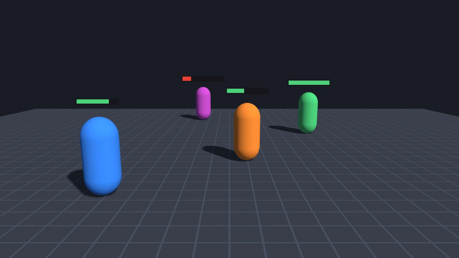 3Dシーン内の複数のキャラクターと、それぞれの頭上に浮かぶヘルスバー。バーは、キャラクターまでの距離に関係なく画面上で同じサイズを保ちます