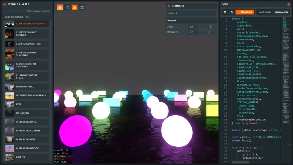 Clustered Area Lightsのサンプルをソースコードと並べて表示しているエンジンの例のブラウザ